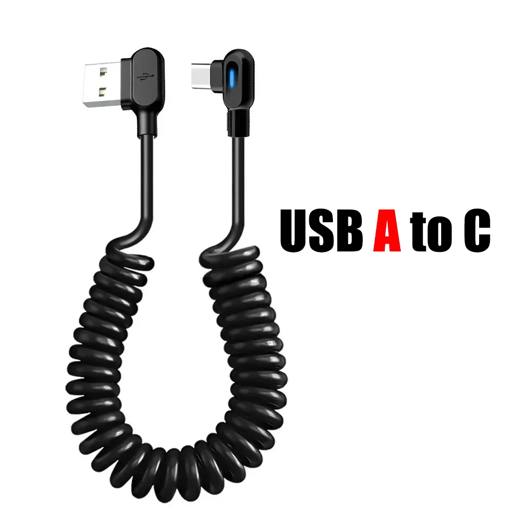 Retractable Coiled 90° Elbow USB-C Quick Charging Cable