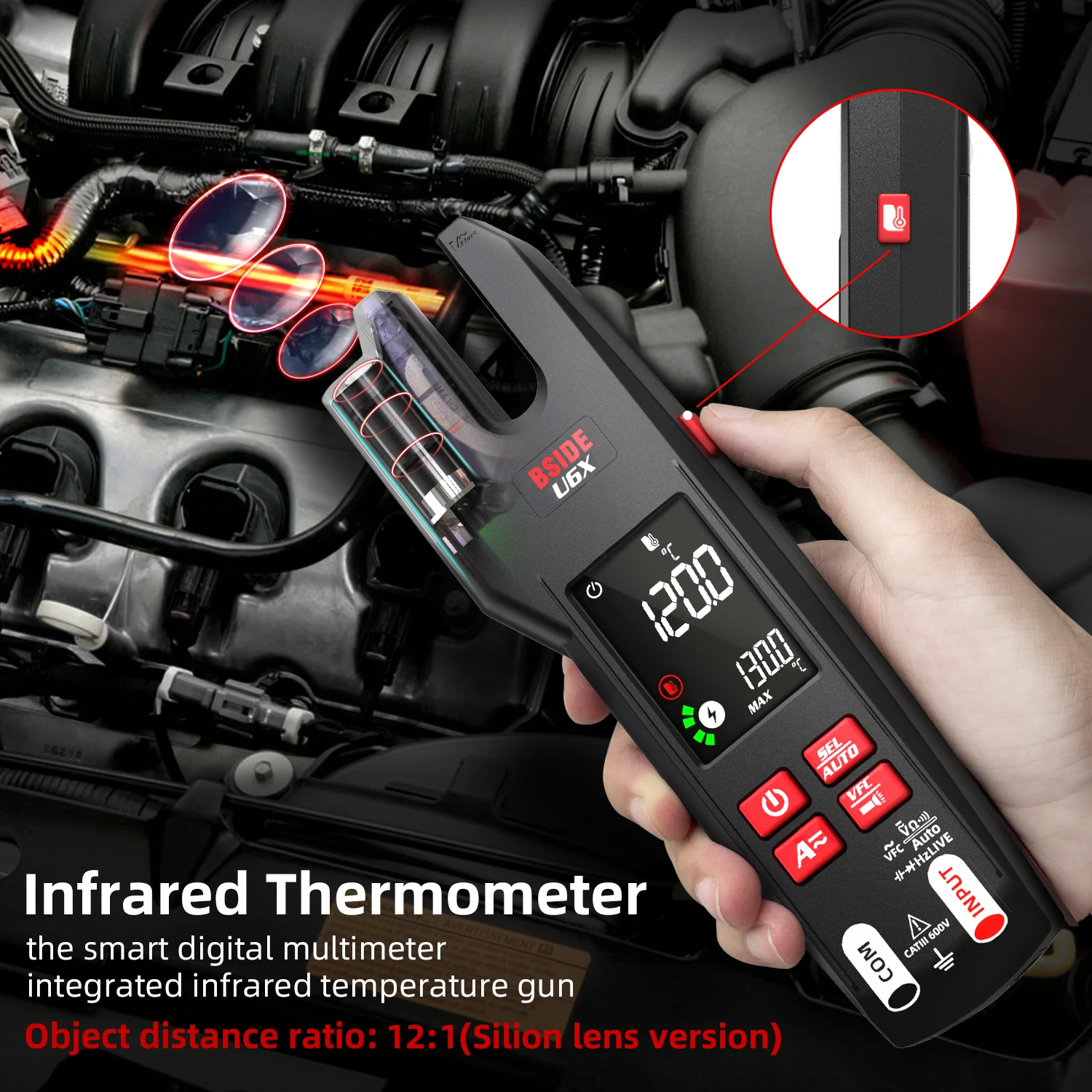 

Hot! BSIDE U6X U-Shape AC/DC Clamp Meter Rechargeable Infrared Temperature Measuring Object Ratio 4:1/12:1 Ammeter Tester