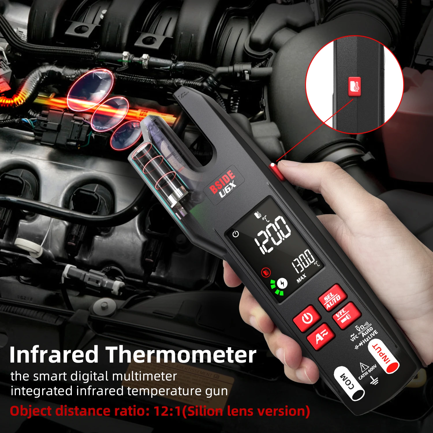 Hot! BSIDE U6X U-Shape AC/DC Clamp Meter Rechargeable Infrared Temperature Measuring Object Ratio 4:1/12:1 Ammeter Tester