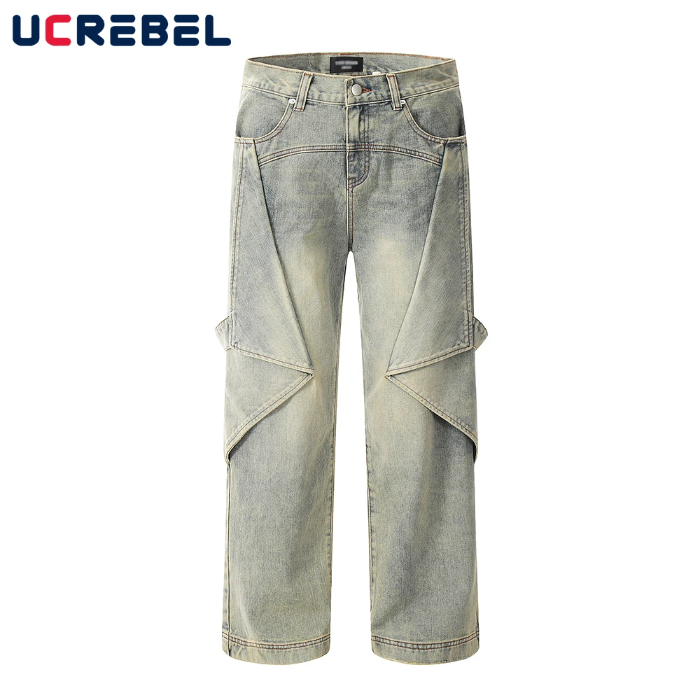 

Retro Mud Yellow Denim Pants Mens Loose Wide Leg Spliced Washed Distressed High Street Straight-leg Pants