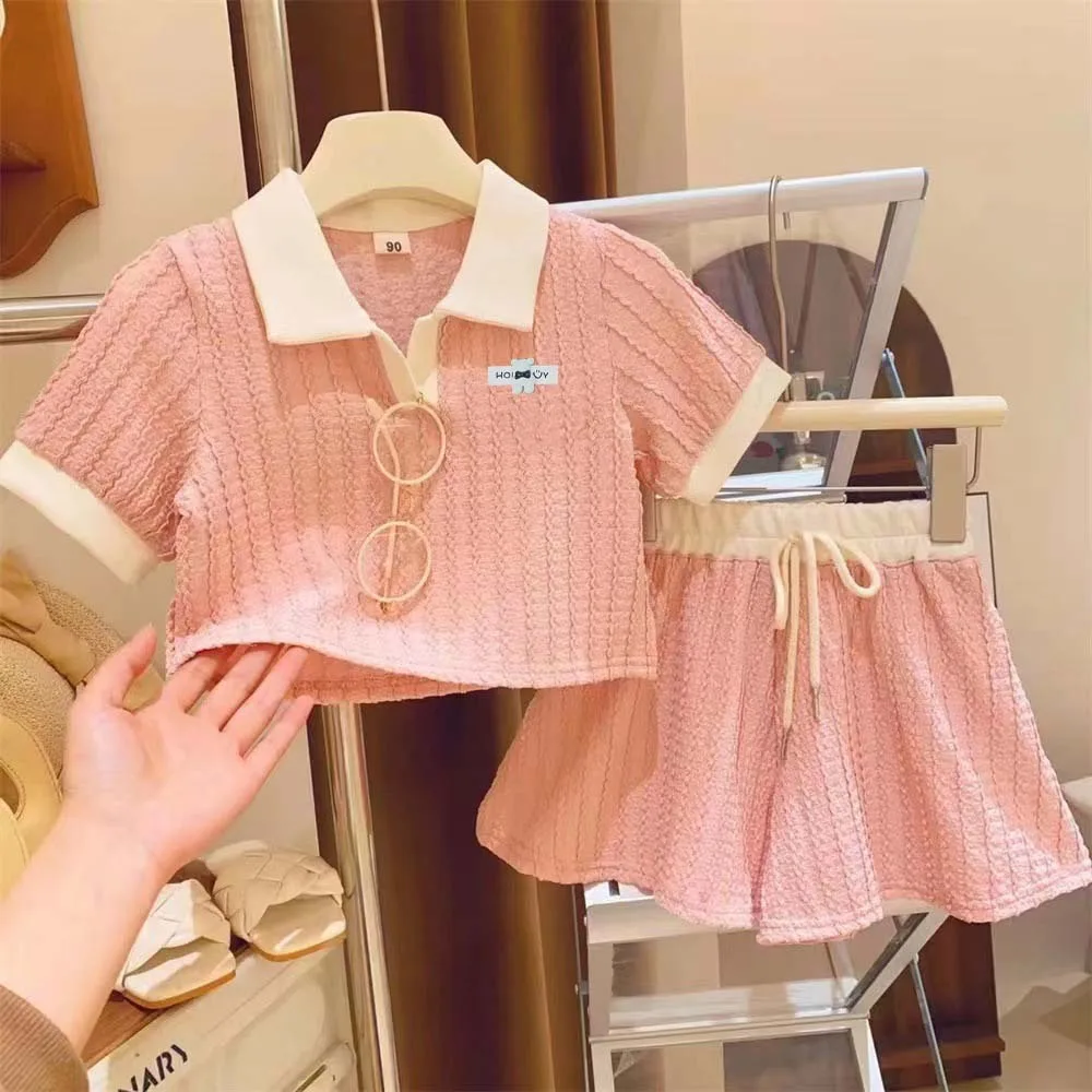 

Summer Baby Girls Clothes Children's Clothing Sets for Kids Sweet Polo Top and Shorts Suits Comfort Sportwear Pink Color 2PCS