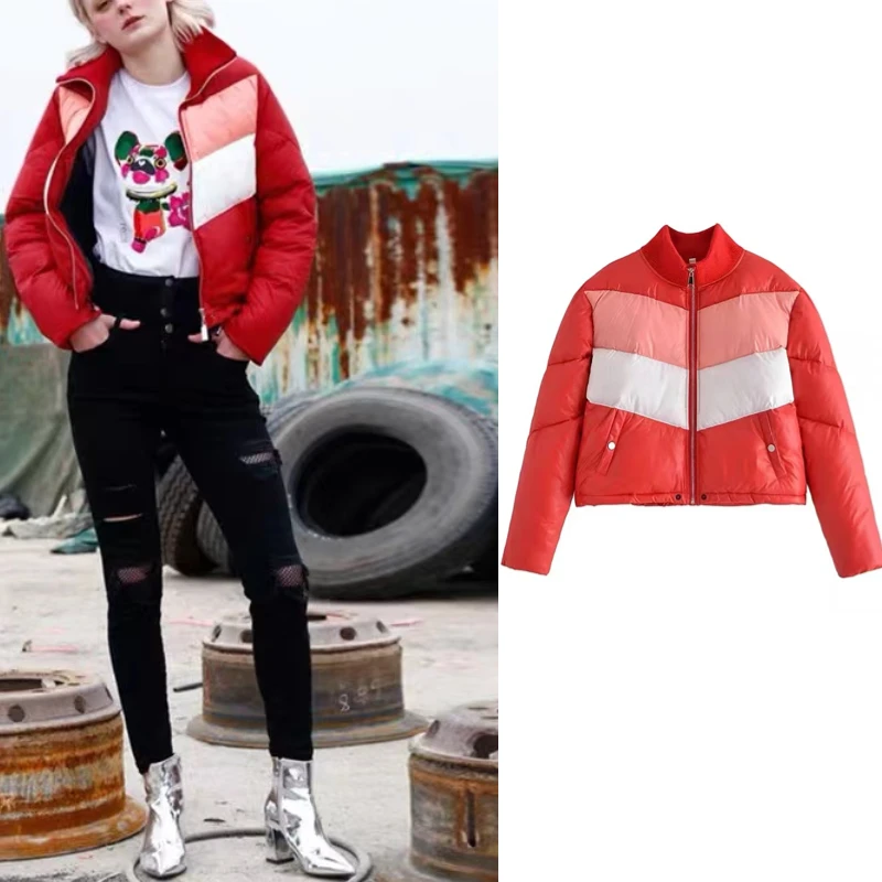 

Chic Cotton Coat Female Red Striped Autumn Puffer Jacket Fashion 2022 Autumn Women Zipper Y2K Pockets Padded Outwear