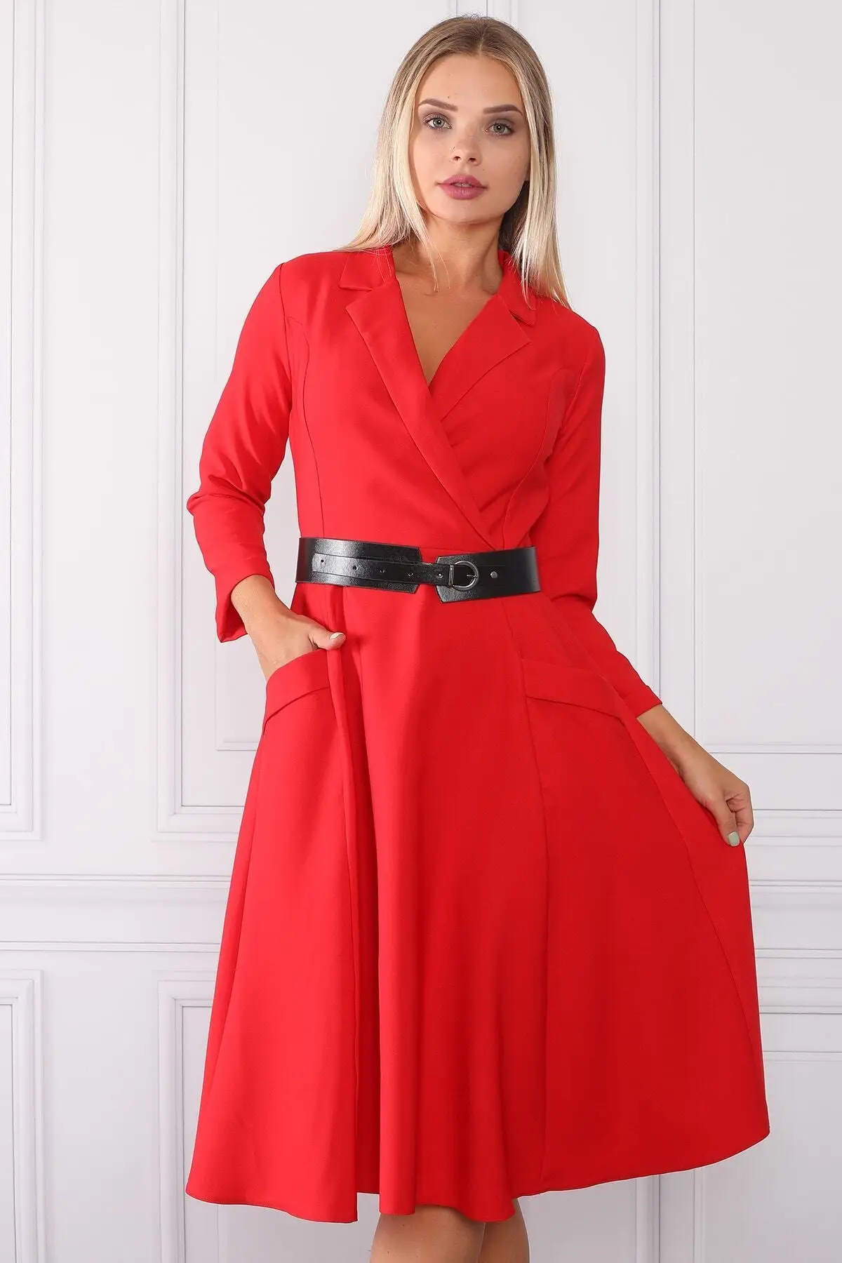 

Women's Red Double Breasted Neck Pocket And Detailed Dress Midi Solid Color Meel Sitting Truvakar Sleeve Lycra Interlock Double Large