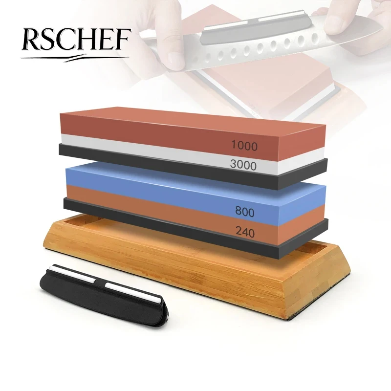 Professional 3-in-1 Double-Sided Knife Sharpening Stone with Bamboo Base & Angle Guide