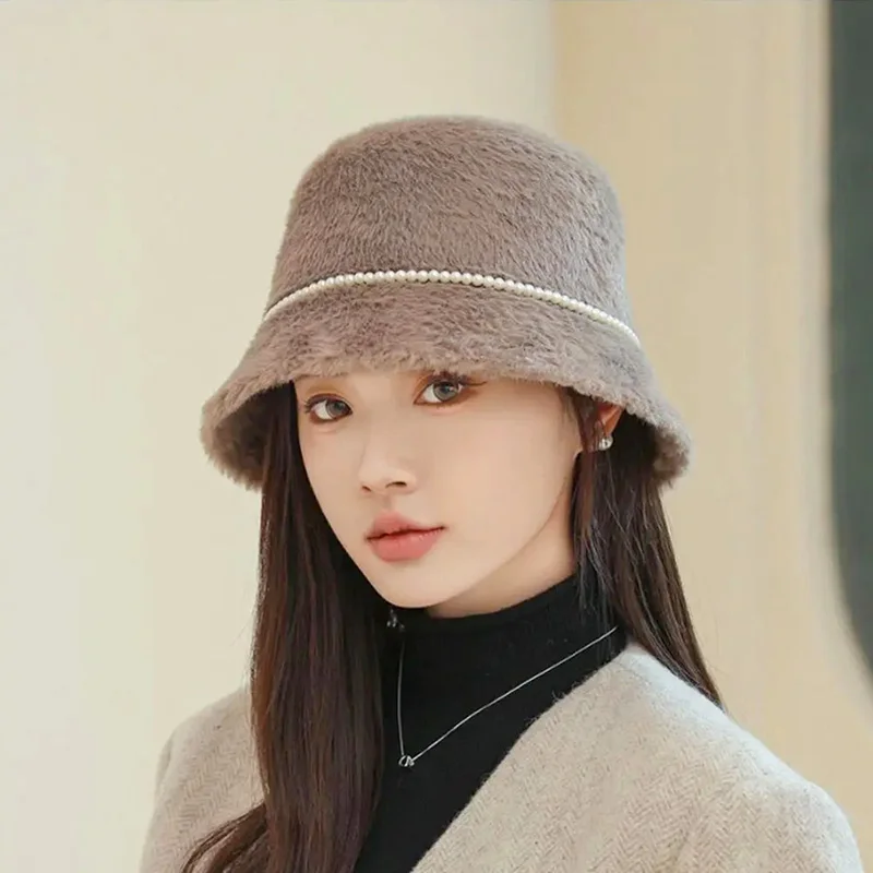 

Women Autumn Winter Pearl Fisherman Cap Bucket Hats Flat Top Faux Mink Fur Plush Solid Color Elegant Warm Thicken