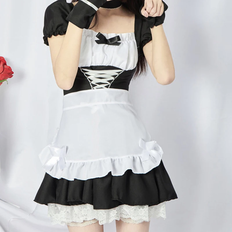 

Anime game role-playing cute lolita, sweet, fresh, sexy lace tie waist up dress, black and white seductive maid uniform