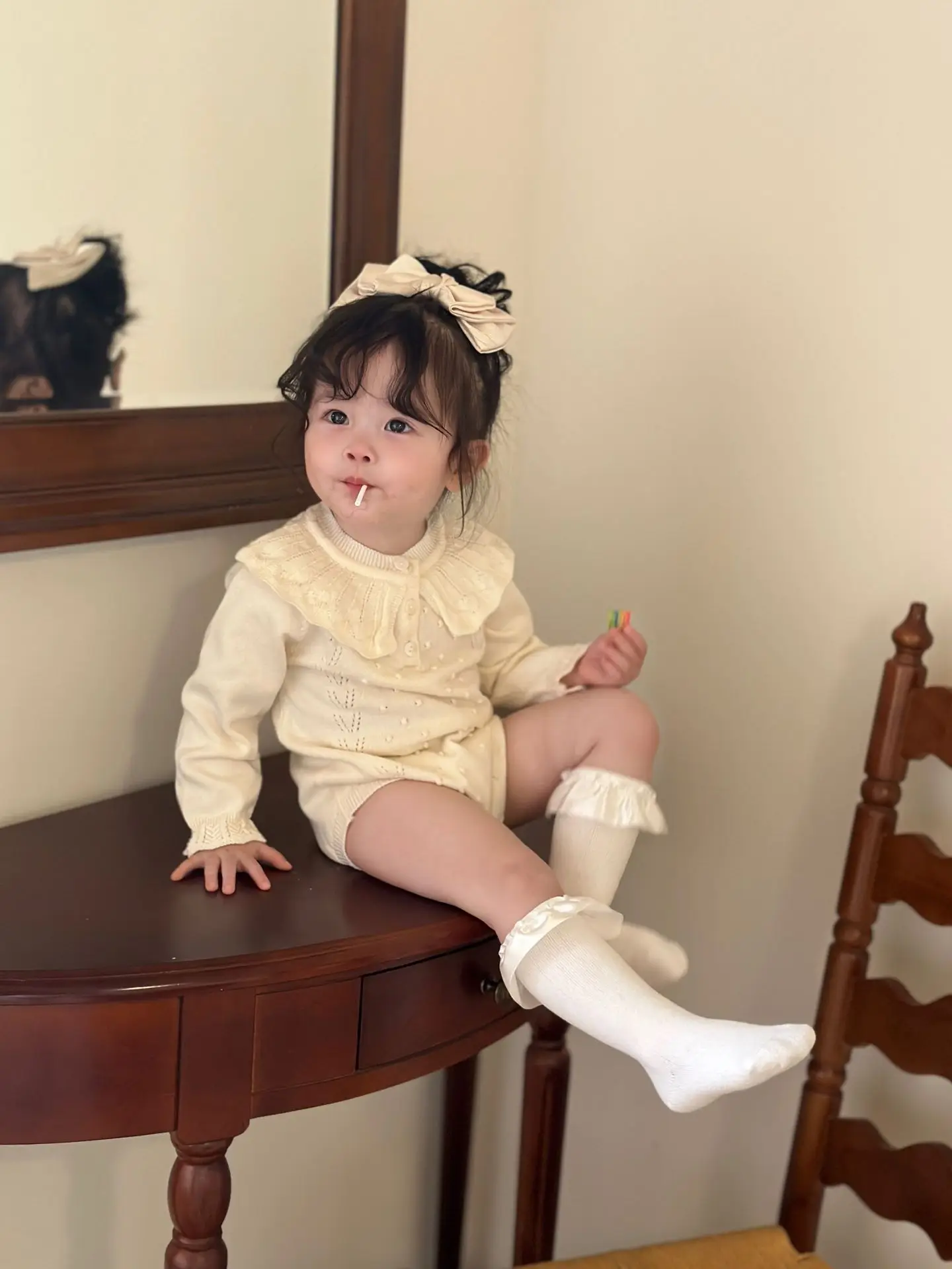 2023 neue Neugeborene Baby Mädchen Gestrickte Bodys Rüschen Kragen Spleißen Herbst Infant Baby Mädchen Overall Kinder Gestrickte Kleidung – Detail 5