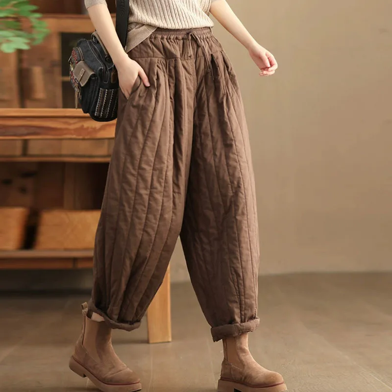 

NINI WONDERLAND 2023 Winter Solid Color Plus Cotton Harem Pants Women Elastic Waist Thickened Warm Pants Loose Casual Trousers