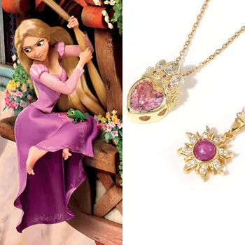 2PCS/Lot Anime Princess Long Hair Sun Crystal Crown Charm Necklace Rapunzel Rhinestone Girl Gift Pendant Chain Elegant Jewelry