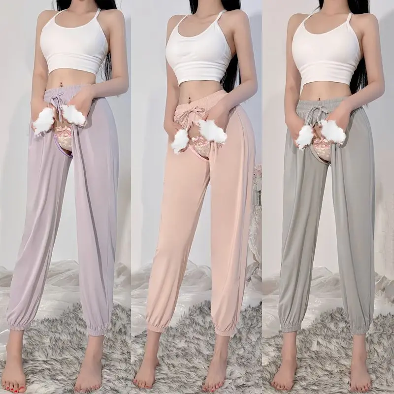 Sexy Invisible Zipper Open Crotch Leggings Women Loose Gym Sports Pants Trousers