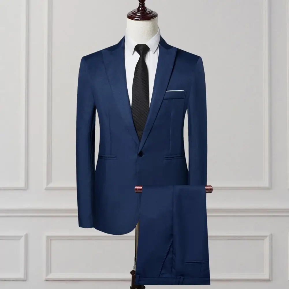 Men business outfit lapel long sleeve single breasted suit coat solid color suit pants set 2Pcs/Set slim fit workwear