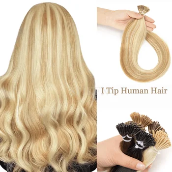 Blonde Brown I Tip Hair Extensions Natural Real Human Fusion Hair Extensions Little Thin Keratin Hair 14-20 inches 30g No Rings