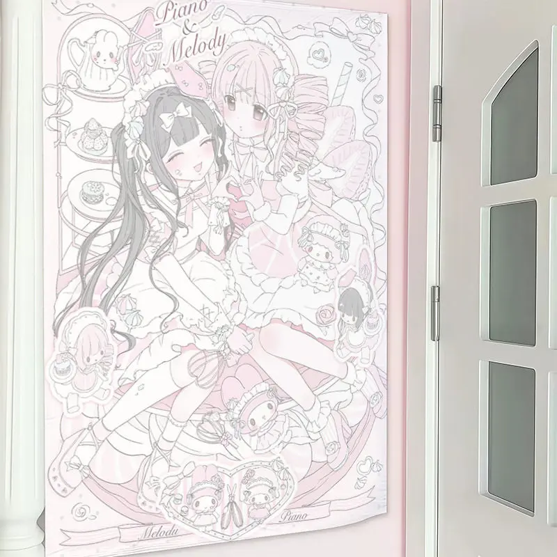 Tapisserie Anime Kawaii My Melody & Piano Décoration Murale Rose