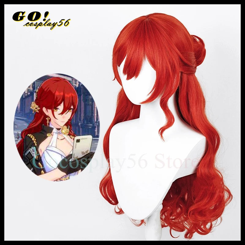 

Парик для косплея Himeko, красный пучок, длинный кудрявый конский хвост, синтетическая кожа головы, термостойкие волосы, челки, игровые головные уборы