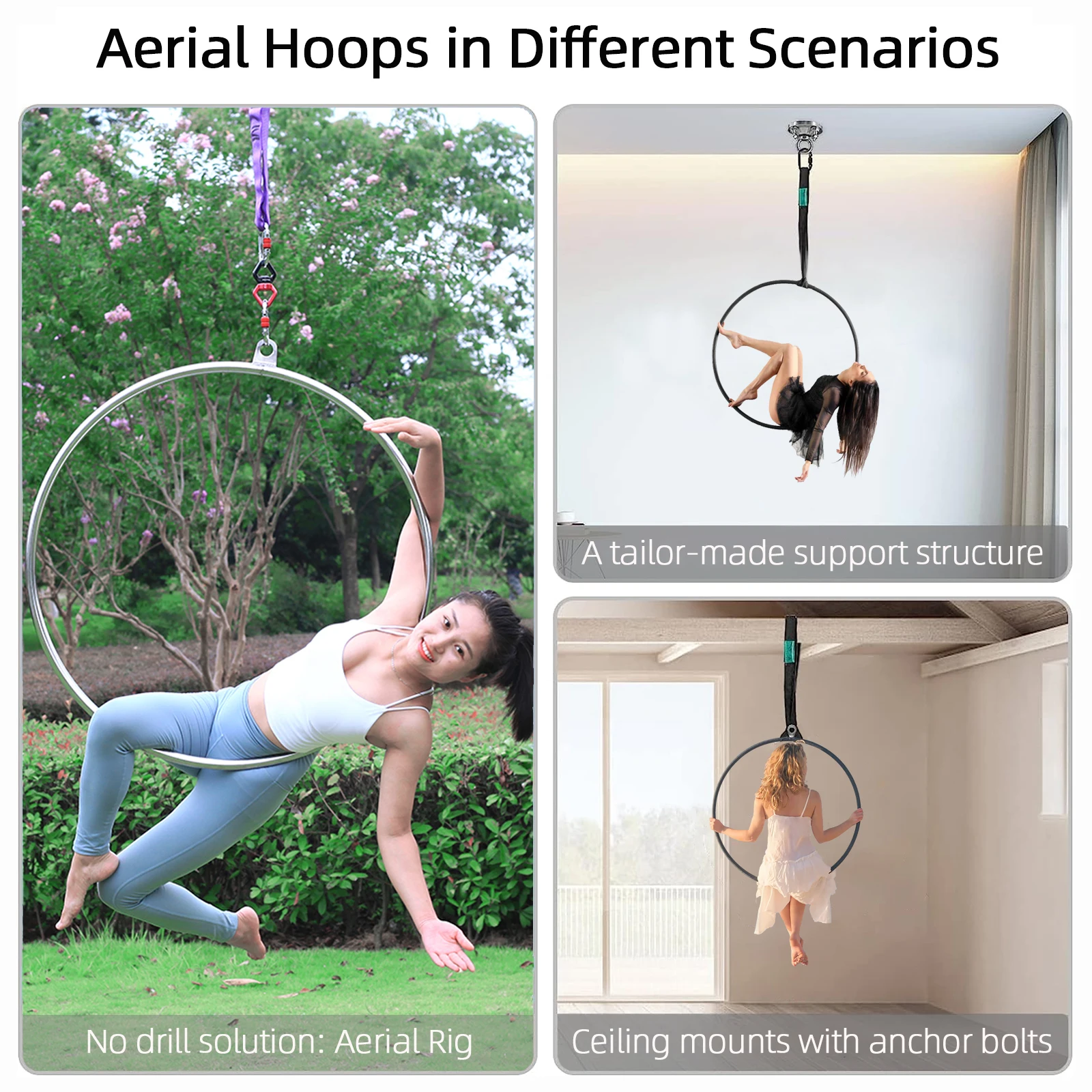 Silver Aerial Hoop Set, Single Point Yoga Hoop Fitness Equipment, Circus Acrobatic Performance Equipmentfor Home, Gym and Clubs