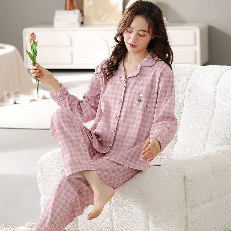 Spring Autumn Women's Pure Cotton Pajamas Long Sleeve Cardigan Oversized Loose Fitting Home Clothing Set Sweet Lovely Sleepwear