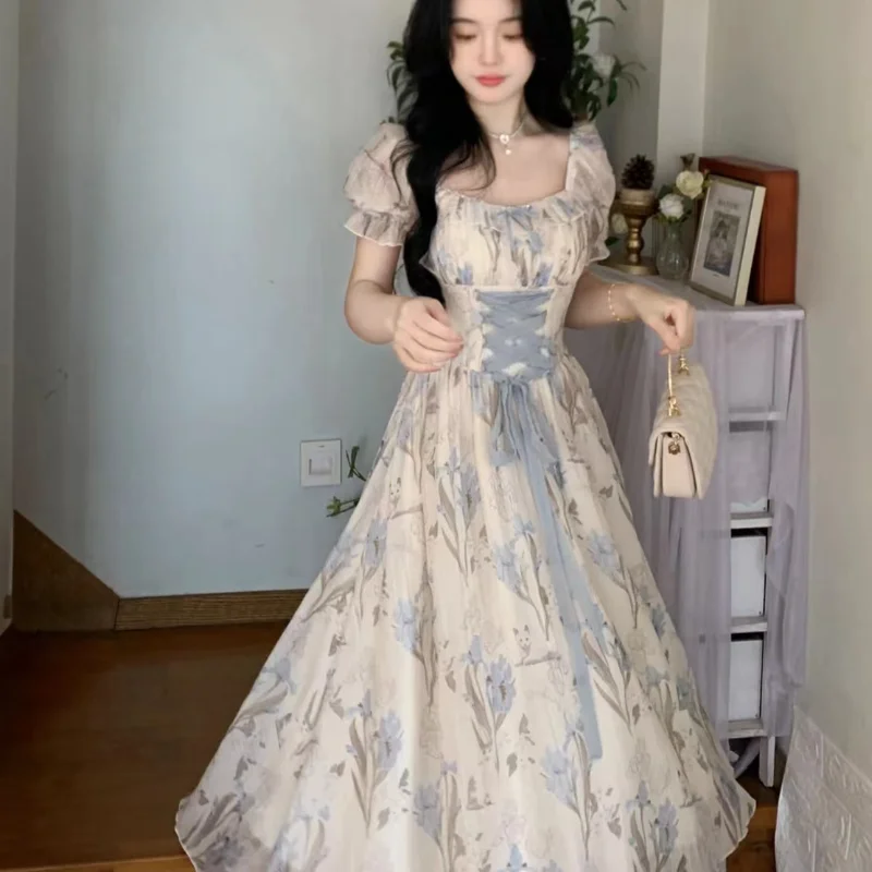 

Elegant Floral Print Midi Dresses for Women 2024 Summer New Vintage Fashion Slim Casual Birthday Party Lace-up Female Clothing