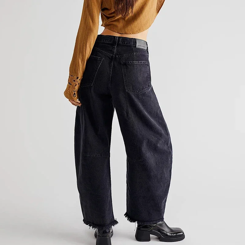 Street Clothing Casual Straight Leg Pants New Solid Color Wide Leg Jeans, Fashionable Button Pocket Short Women's Pants YDL15