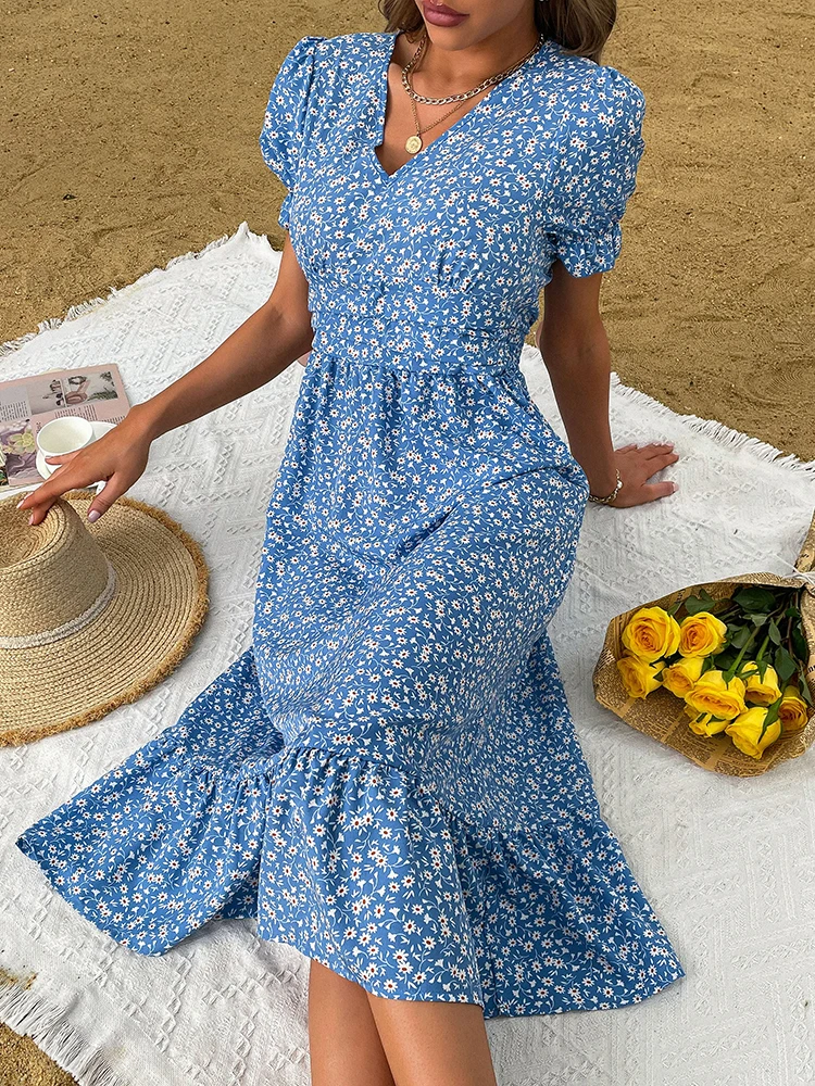 Blusa De Manga Abullonada Cuello Redondo Manga Corta Color Puro