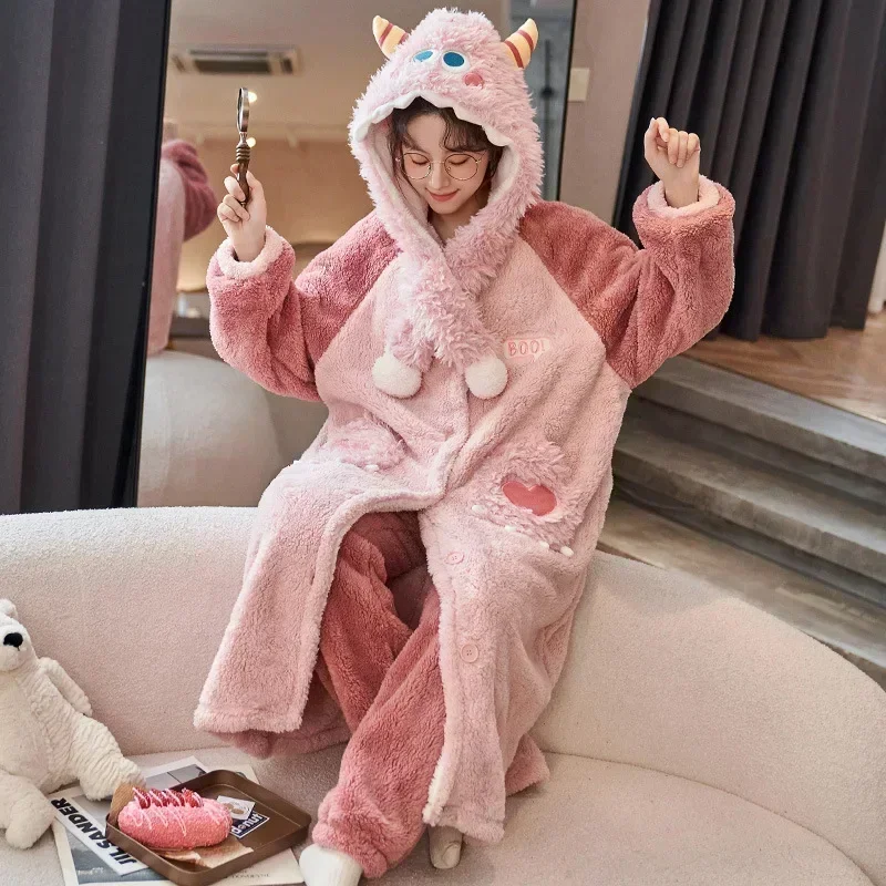 Pijamas gruesos de Invierno para mujer, ropa de dormir de dibujos animados, conjunto de Bata y pantalones de tejido Jacquard, bata de baño para el hogar, conjuntos de PJ de franela Kawaii, 2024