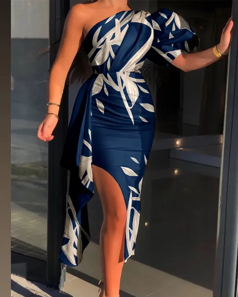 

Summer Women 2022 Plants Print One Shoulder Puff Sleeve Slit Dress All Over Print Irregular Plain Grace Fashion