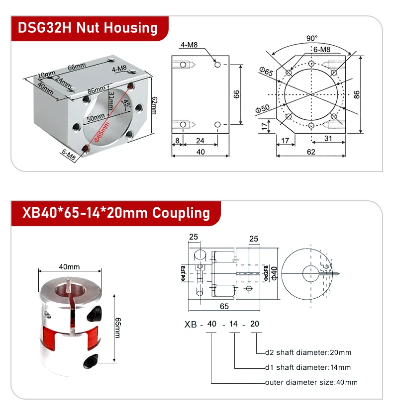 SFU3204/SFU3205/SFU3210 150 mm-1050 mm Kugelumlaufspindel + DSG32H Muttergehäuse + BKBF25/EKEF25/FKFF25 + XB-Koppler 40 x 65 14 mm-17 mm – Detail 12