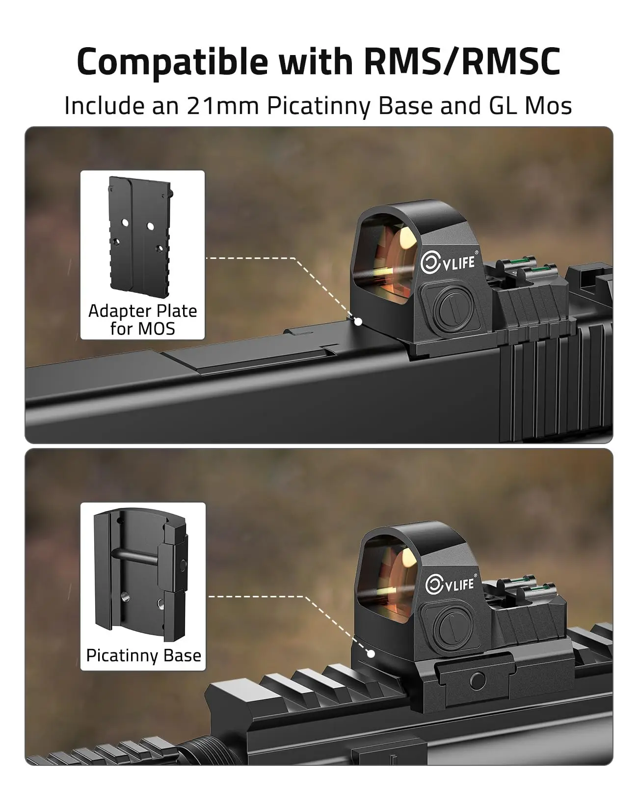MidTen WolfCovert Motion Awake Red Dot Sight RMS RMSC MOS 2MOA Open Sight Shockproof Adapter Plate 21mm Picatinny Base