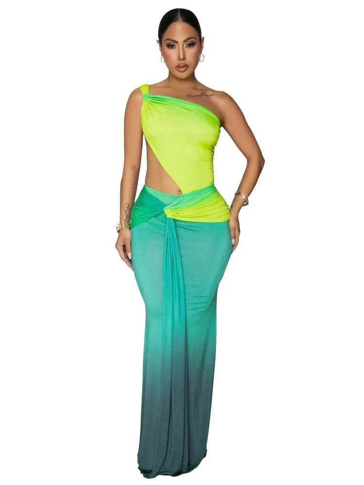 Wmstar Dress Wholesale Hot Selling European American Foreign Trade Clothing Sexy Waist Exposing Gradient Single Shoulder Summer