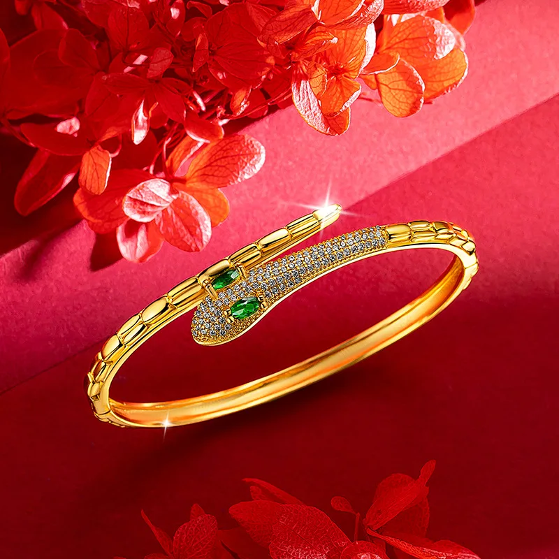 KISS&FLOWER BR309 Fine Jewelry Party Birthday Wedding Christmas Gift Snake 24KT Gold Bracelet Bangle for Women Girlfriend Bride