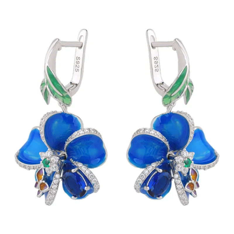 

Buyee 925 Sterling Silver Big Clip Earring Elegant Blue Enamel Flower Earring for Woman Girl Wedding Fine Jewelry Earring