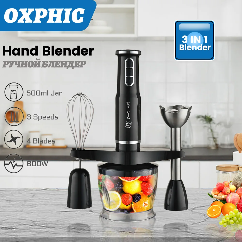 

OXPHIC Multifunctional electric hand Blender 3 in 1 handheld Mixer for Kitchen Food Processor with Chopper Beater Forther 600W