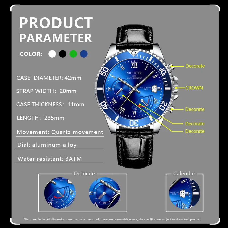 NOTIONR Fashion Mens Black Watches for Men Calendar Quartz Wrist Watch Luxury Man Business Leather Watch relogio masculino