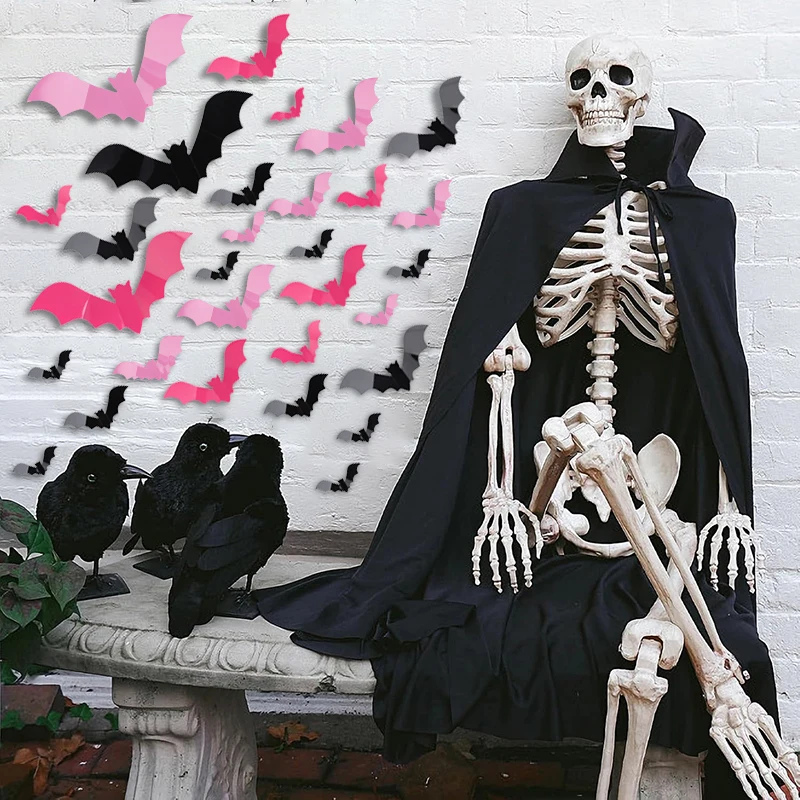 24/48Pcs 3D Rosa Fledermäuse Fenster Aufkleber Halloween Dekoration DIY Aufkleber Badezimmer Wand Dekore Innen Outdoor Halloween Party decor – Detail 6