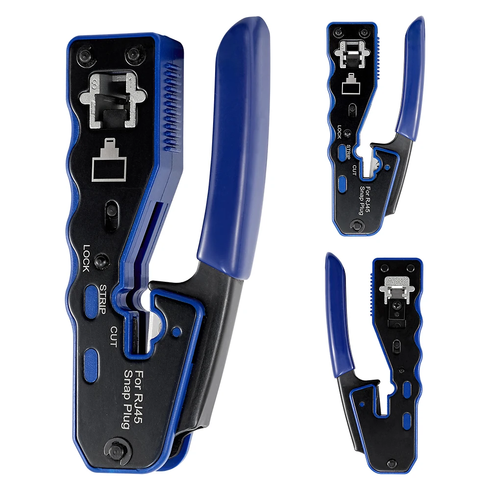 RJ45 crimp tool pass through crimper stripper cutter for Cat6a Cat6 Cat5 8P8C modular connector ethernet all-in-one wire tool