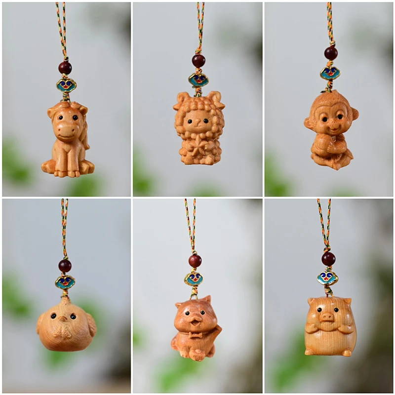 1Pcs Kreative Zwölf Sternzeichen Carving Holz Schlüsselbund Anhänger Chinesische Sternzeichen Holz Carving Telefon Kette Tasche Dekoration Geschenke – Detail 6