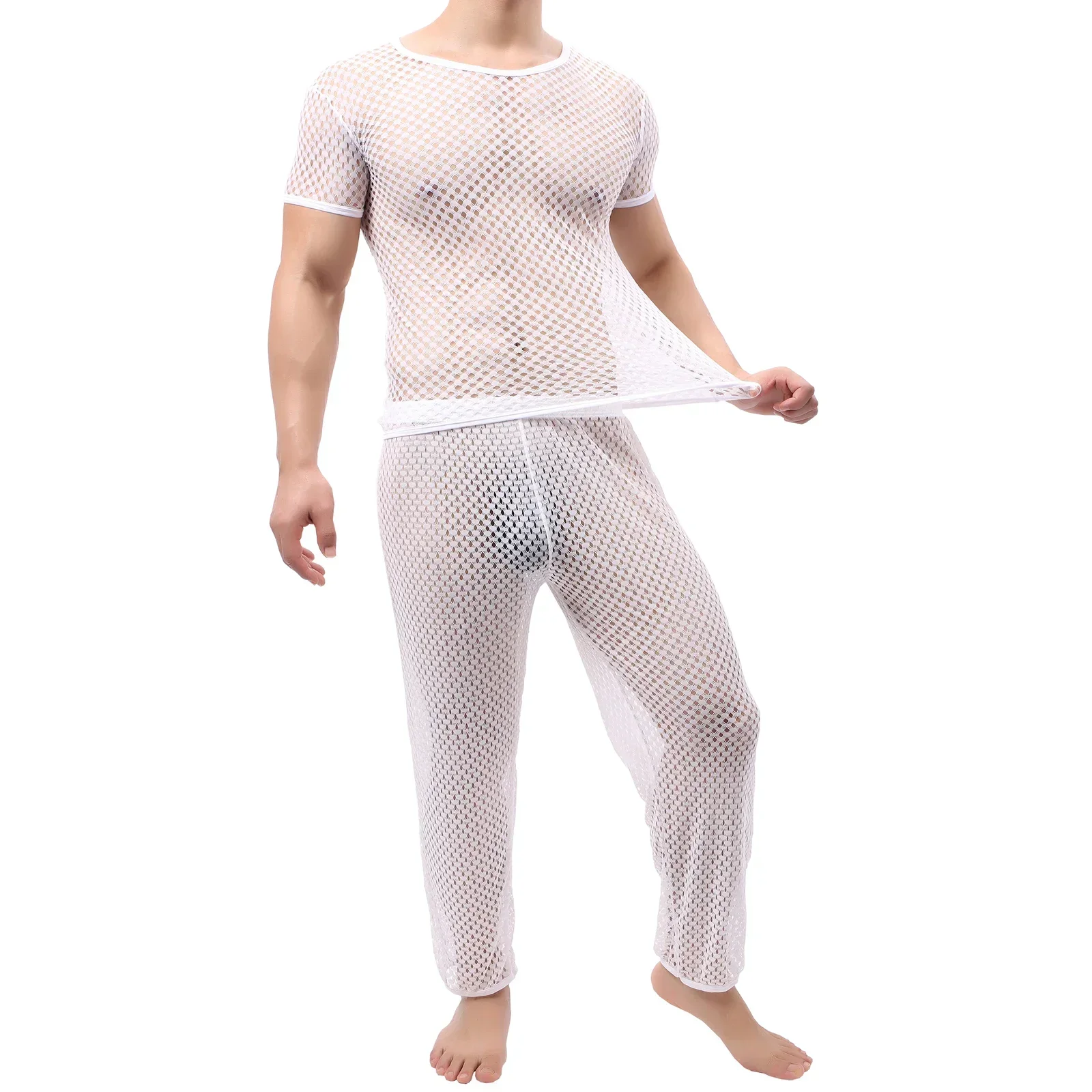 Sexy Transparent Men Undershirts Sets See Through Short Sleeve T Shirts Long Pants Underwear Pajamas Sleepwear Men's Clothes Set