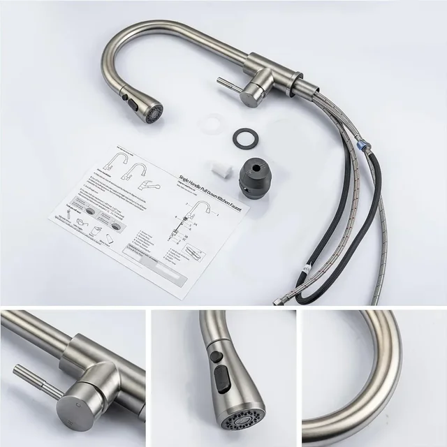 ก๊อกน้ําห้องครัวแปรงนิกเกิลดึงอ่างล้างจาน Water TAP Deck ติดตั้ง Mixer Stream Sprayer หัวร้อนเย็นก๊อก Sliver 4