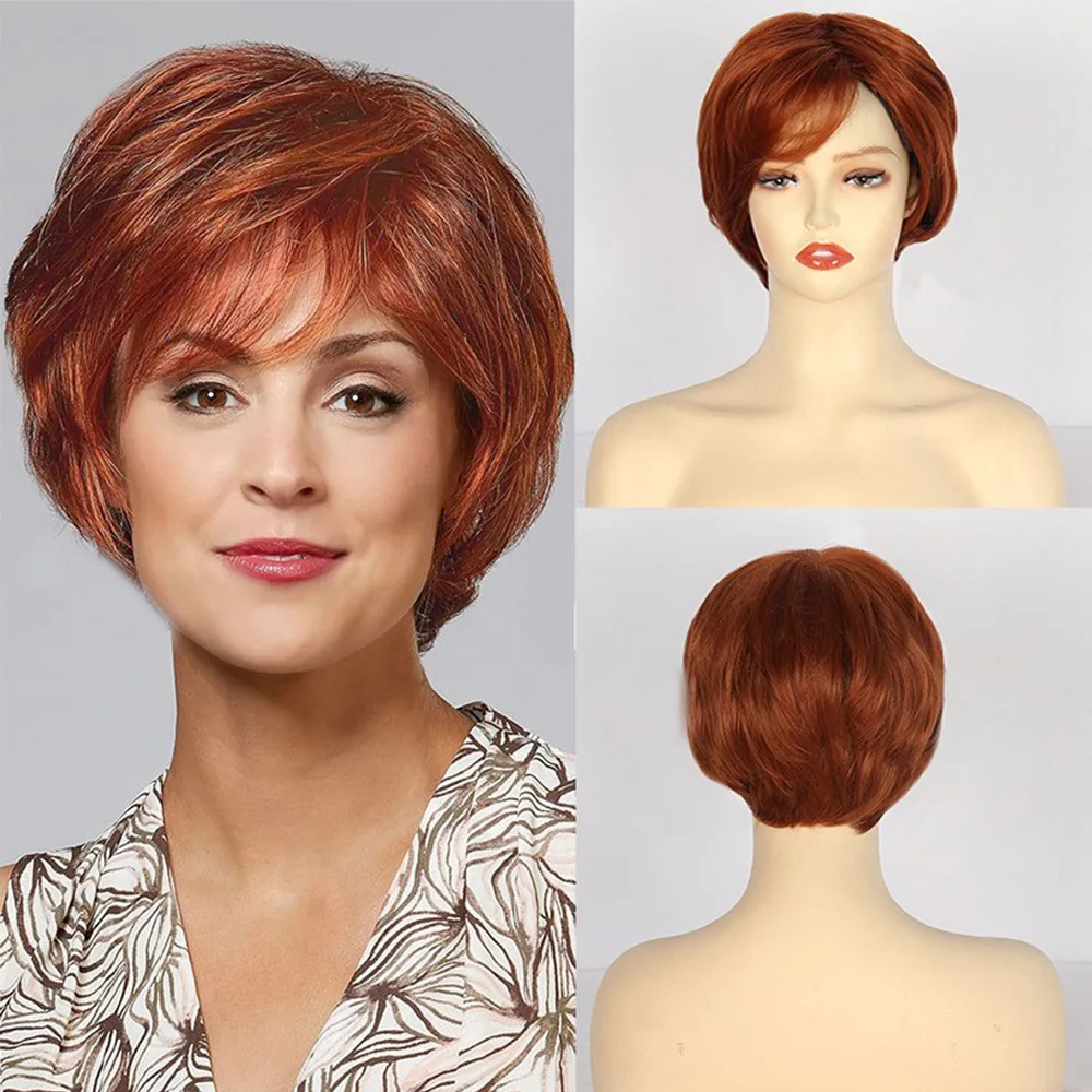 

White female short straight hair red-brown fashion fluffy chemical fiber diagonal bangs rose net headgear