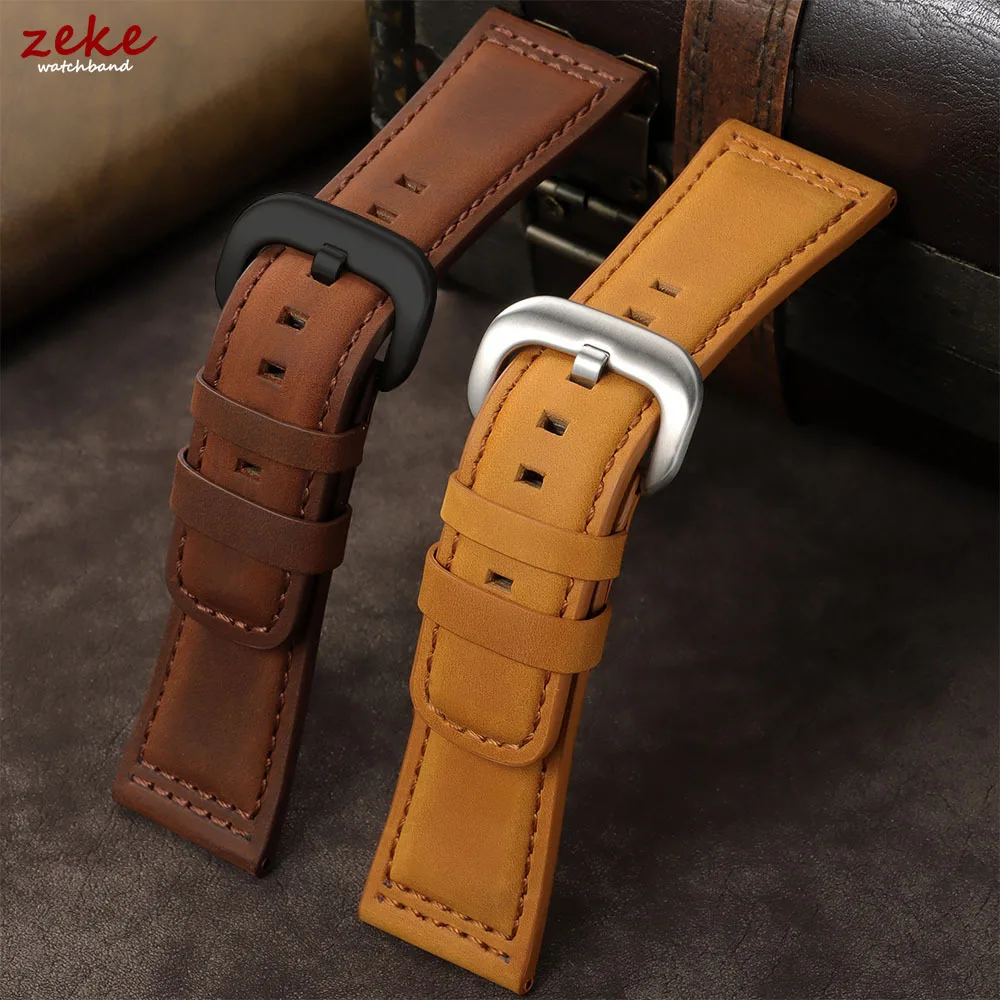 Vintage Crazy Horse Leather Watch Strap - Premium Top Grain Cowhide with Black Silver Clasp, 28mm
