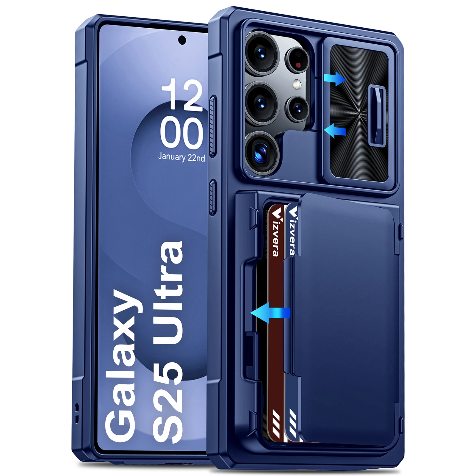 Rugged Blue Silicone Protective Phone Case with Wallet and RFID Card Holder & Camera Cover