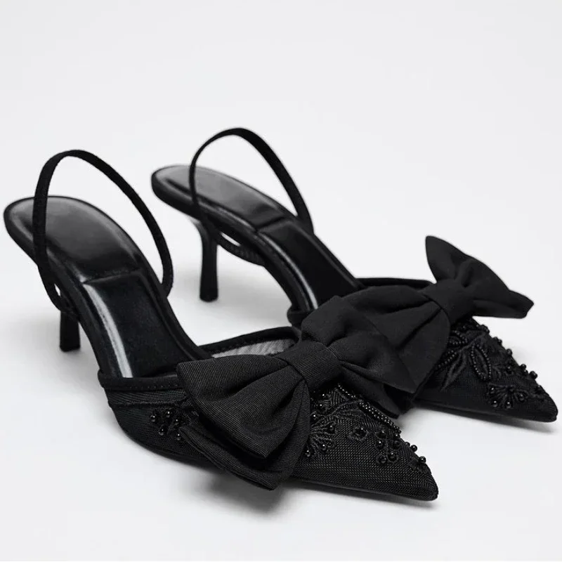 Brand Designer Thin High Heels Women Bow String Bead Pointed Slingback Mules Pumps Mesh Embroider Elegant Dress Sandals Female women slingback sandals,women high heels shoes,women dress shoes