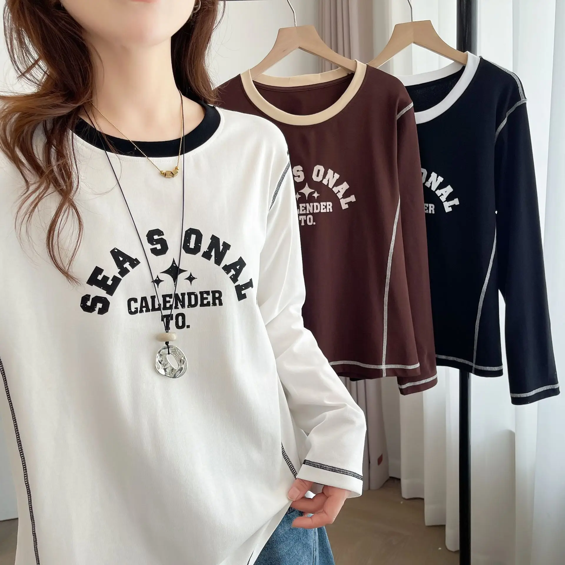 Fashion Plus Size Women's T-Shirt Autumn New Style Long Sleeve Top With Bright Line Printed Letters Youthful Student Tees 7032