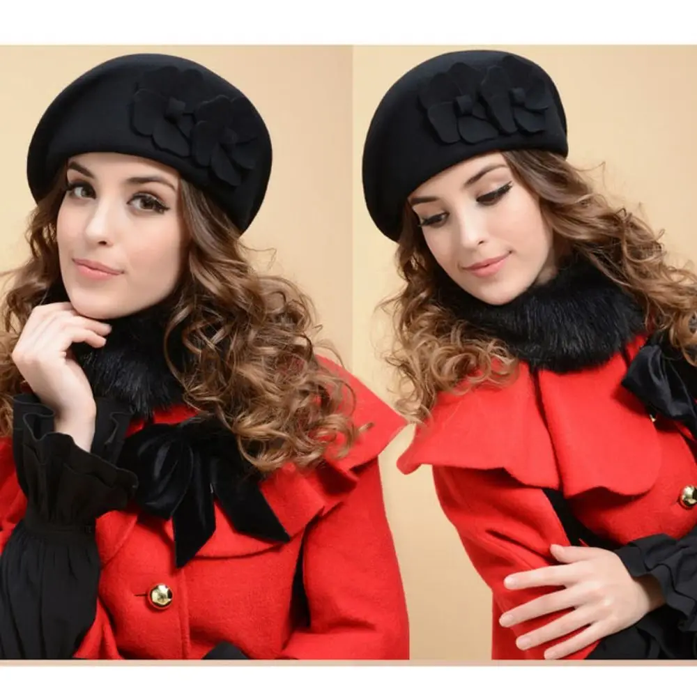 

Floral Wool Beret Fashion Cold Resistant Retro Felt Beret Fedora Hat Women Beanie French Artist Cap