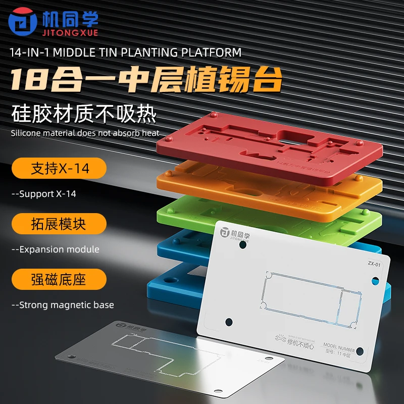 

JITONGXUE 18 In1 Middle Layer Positioning Silicone Tin Planting Platform For IPX-14 Series CPU Chips BGA Reballing Stencil Kit