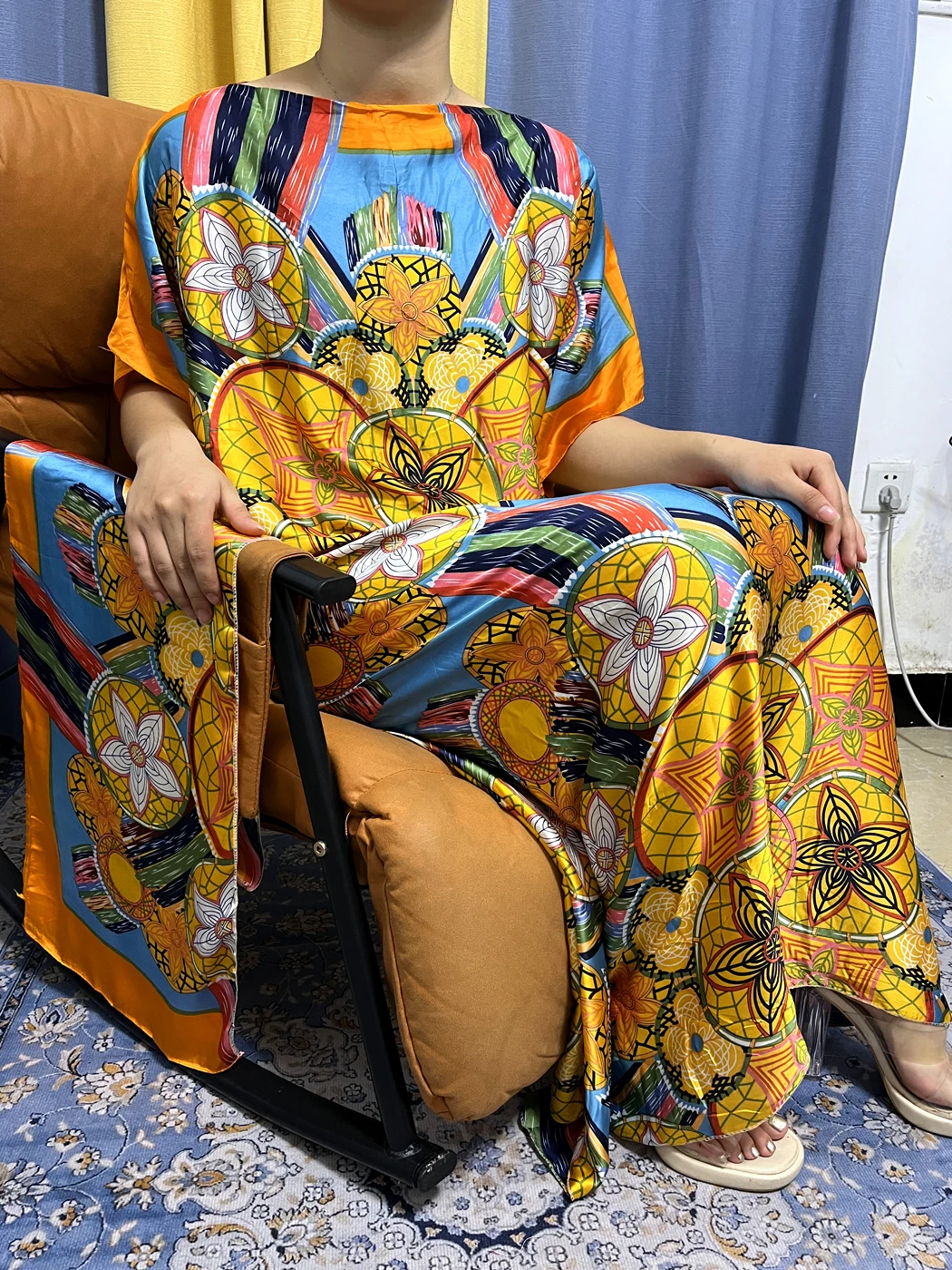 Abayas For Women 2023 Fashion New Printed Silk Soft Loose Femme Robe African Nigeria Summer Party Evening Dress With Belt Turban