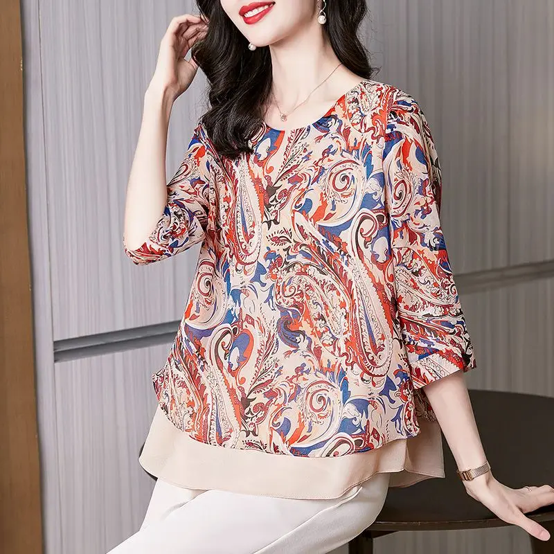 Thin Summer Loose Fake Two Pieces Women's Clothing Casual Elbow Sleeve Blouses Round Neck Printing Elegant Fashion Spring Korean
