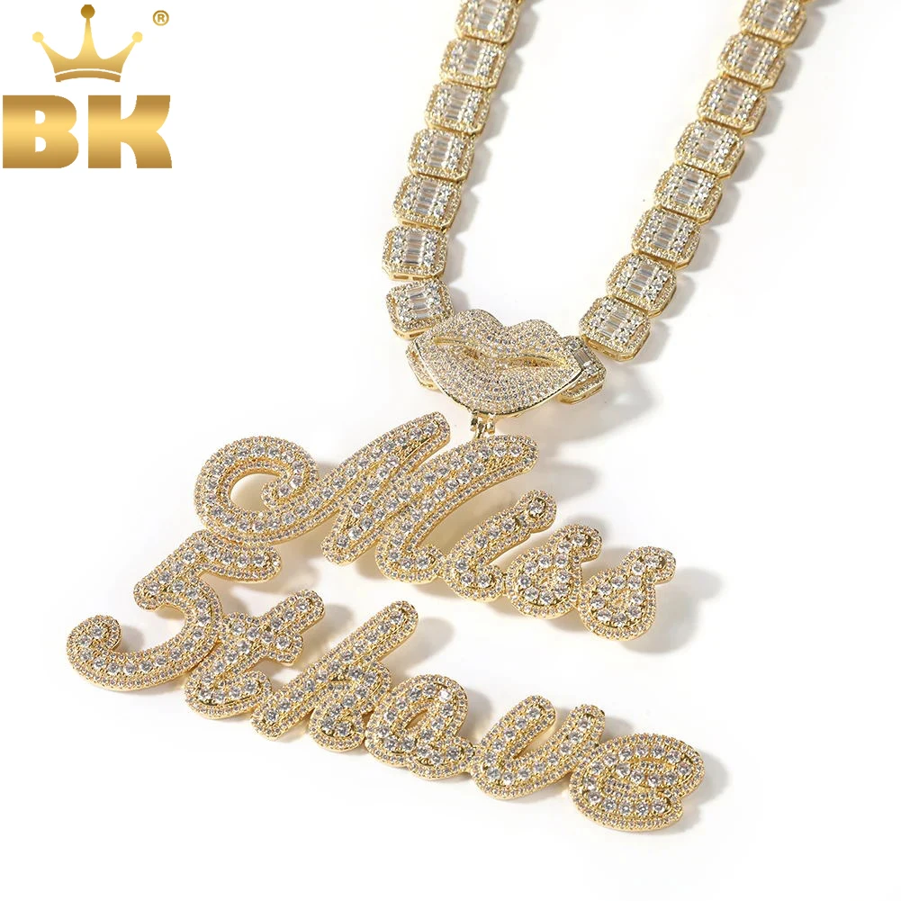 TBTK Lips Clasp Custom Brush Script Letter Two Tone Pendant Micro Paved CZ Baguette Chain Necklace Personalized Hiphop Jewelry water drawing cloth unisex regular script calligraphy practice million times thick imitation xuan paper brush for penny