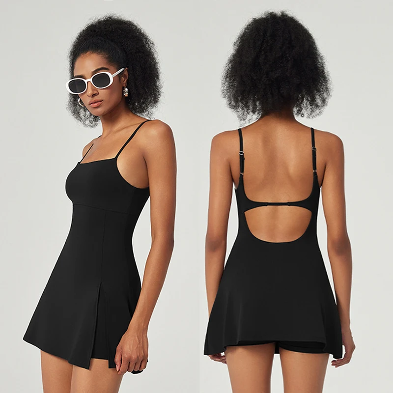 Tennis Dress with Shorts Women Badminton Clothing Golf Wear Dress with Chest Pad Split Slim Workout Outfit Sport Skirts