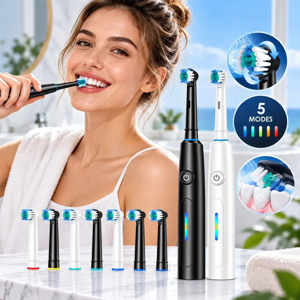 Rechargeable Sonic Electric Toothbrush with 5 Modes and 4 Brush Heads - IP67 Waterproof