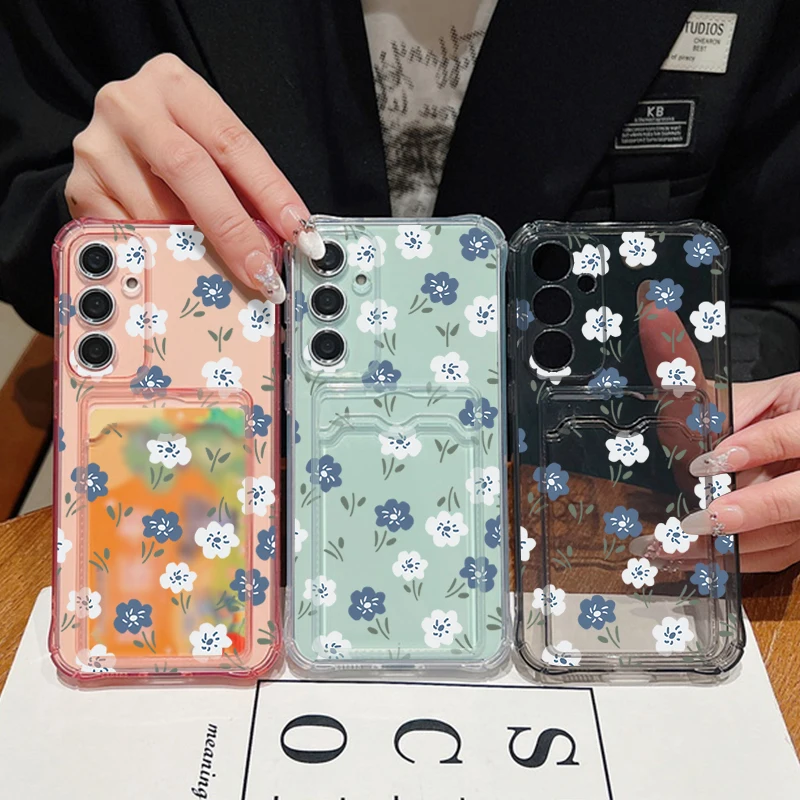Blue & White Floral Card Wallet Phone Case - TPU Protective Cover